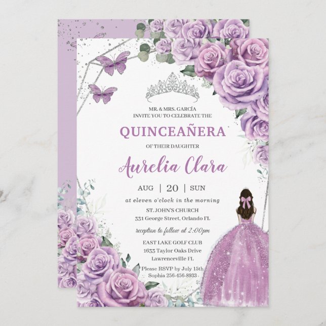 Quinceañera Purple Lilac Floral Princess Birthday Invitation (Front/Back)