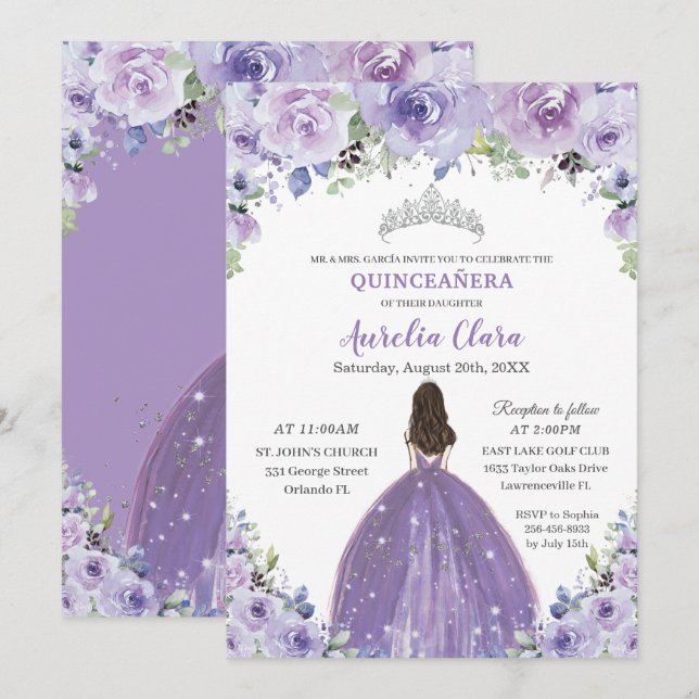 Quinceañera Purple Lilac Floral Princess Birthday Invitation (Front/Back)