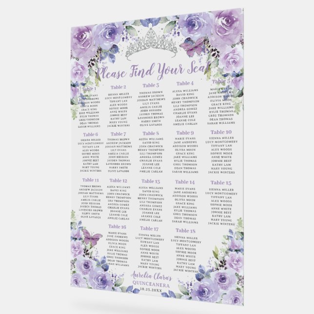 Quinceañera Purple Lilac Floral Roses Seating Seat Acrylic Sign (Angle)