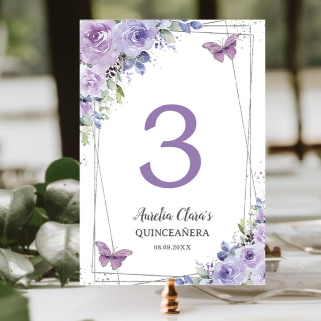 Quinceañera Purple Lilac Floral Silver Butterflies Table Number (Creator Uploaded)