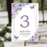 Quinceañera Purple Lilac Floral Silver Butterflies Table Number<br><div class="desc">Personalise this lovely quinceañera / birthday party / bridal shower / baby shower / wedding table number card easily and quickly,  simply press the customise it button to further re-arrange and format the style and placement of the text.  Matching items available in store!  (c) The Happy Cat Studio</div>