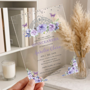 Quinceañera Purple Lilac Floral Tiara Butterflies Acrylic Invitations