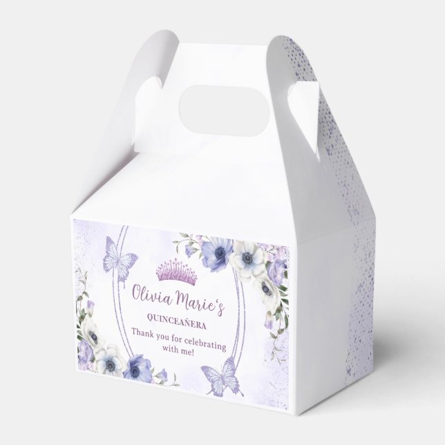 Quinceañera Purple Lilac Floral Tiara Butterflies  Favour Box (Front Side)