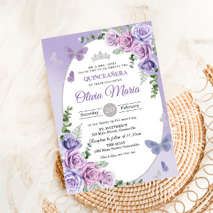 Quinceañera Purple Lilac Floral Tiara Butterflies Invitation