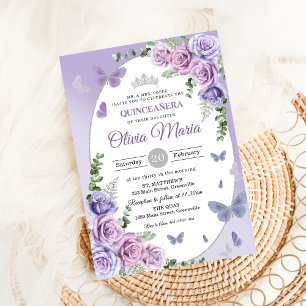 Quinceañera Purple Lilac Floral Tiara Butterflies Invitation