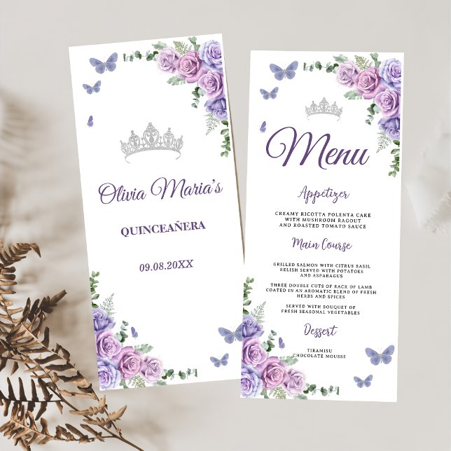 Quinceañera Purple Lilac Floral Tiara Butterflies  Menu (Creator Uploaded)