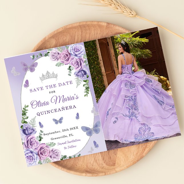 Quinceañera Purple Lilac Floral Tiara Butterflies  Save The Date (Creator Uploaded)