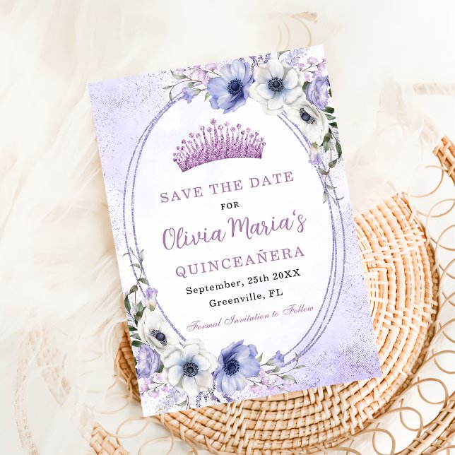 Quinceañera Purple Lilac Floral Tiara Butterflies Save The Date (Creator Uploaded)