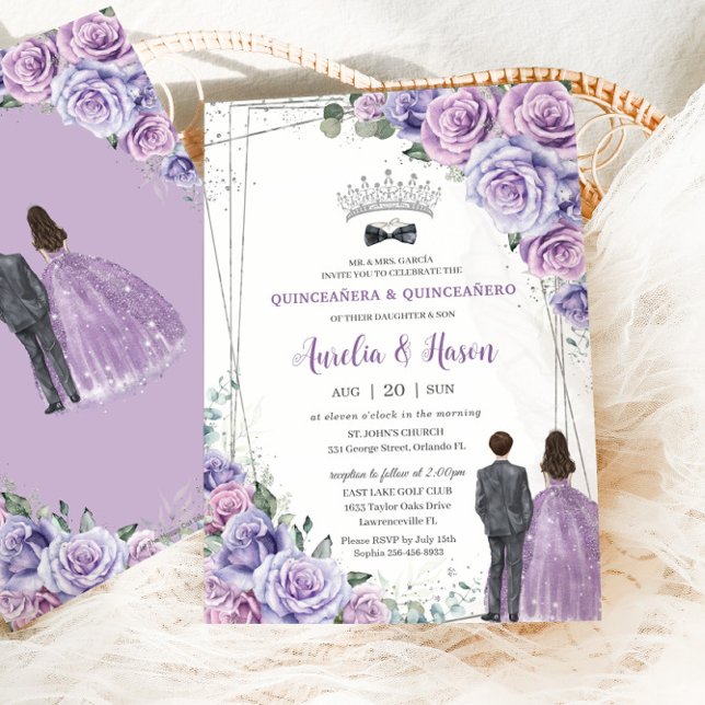 Quinceañera Purple Lilac Floral Twins Boy Girl Invitation (Creator Uploaded)