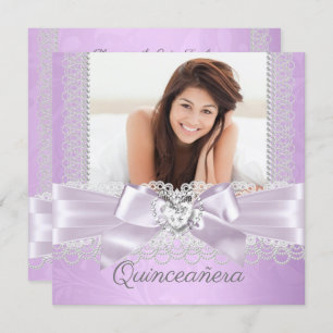 Quinceanera Purple Lilac Lace Damask Diamond Heart Invitation
