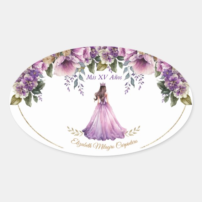 Quinceañera Purple Lilac Oval Sticker (Front)