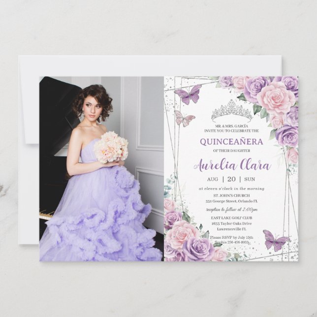 Quinceañera Purple Lilac Pink Floral Butterflies  Invitation (Front)