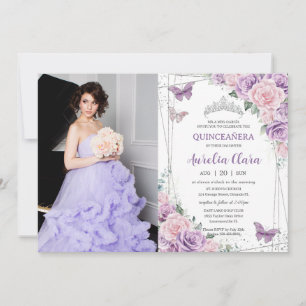 Quinceañera Purple Lilac Pink Floral Butterflies  Invitation