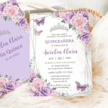Quinceañera Purple Lilac Pink Floral Butterflies Invitation<br><div class="desc">Personalise this lovely quinceañera invitation with own wording easily and quickly,  simply press the customise it button to further re-arrange and format the style and placement of the text.  Matching items available in store!  (c) The Happy Cat Studio</div>