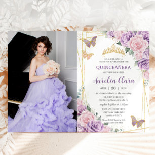 Quinceañera Purple Lilac Pink Floral Butterflies Invitation