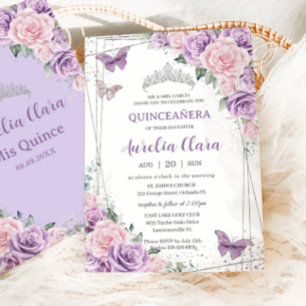Quinceañera Purple Lilac Pink Floral Butterflies Invitation