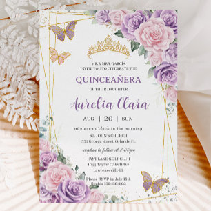 Quinceañera Purple Lilac Pink Floral Butterflies Invitation