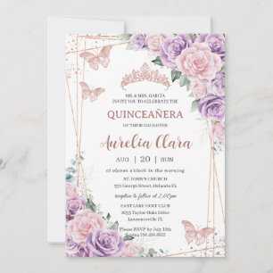 Quinceañera Purple Lilac Pink Floral Rose Gold Invitation