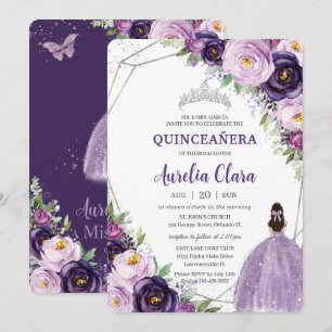 Quinceañera Purple Lilac Plum Floral Silver Dress Invitation