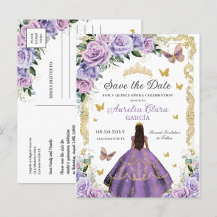 Quinceañera Purple Lilac Rose Floral Gold Princess Announcement Postcard