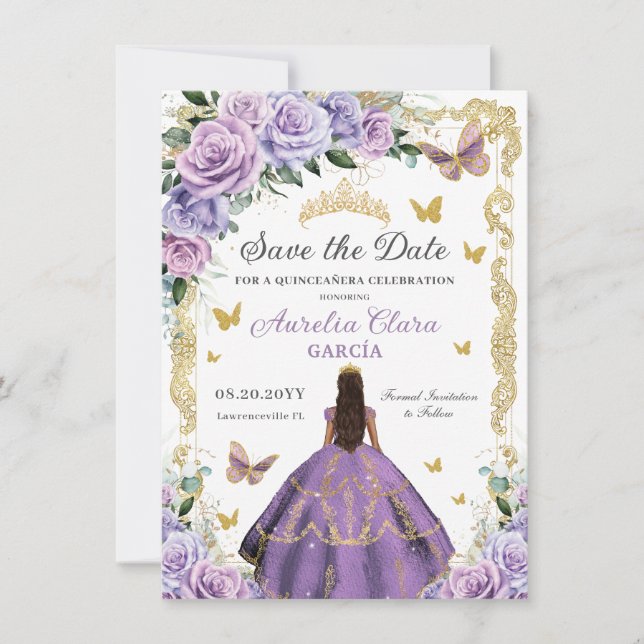Quinceañera Purple Lilac Rose Floral Gold Princess Save The Date (Front)