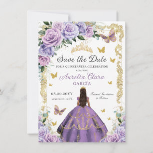 Quinceañera Purple Lilac Rose Floral Gold Princess Save The Date
