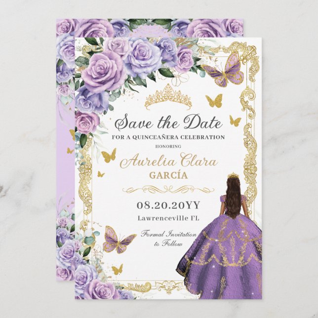 Quinceañera Purple Lilac Rose Floral Gold Princess Save The Date (Front/Back)