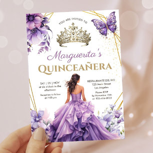 Quinceañera Purple Lilac Tiara Floral Butterfly Invitation