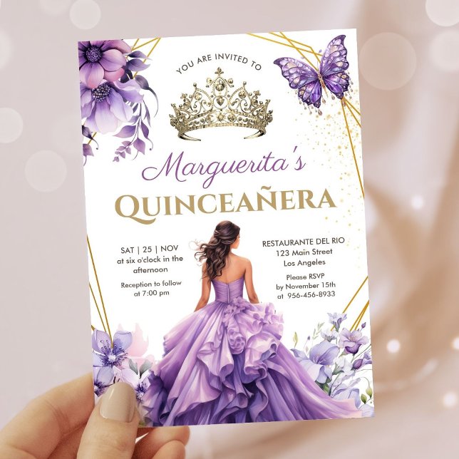 Quinceañera Purple Lilac Tiara Floral Butterfly Invitation (Creator Uploaded)