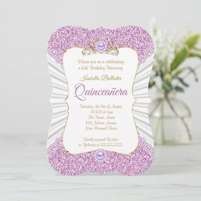 Quinceanera Purple Pearl Gold tiara birthday Party Invitation (Standing Front)