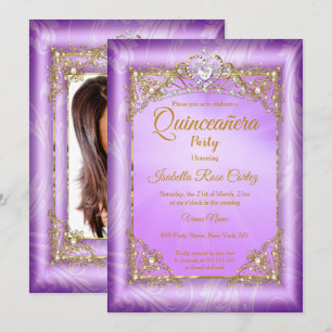 Quinceanera Purple pearl photo Gold Tiara party Invitation