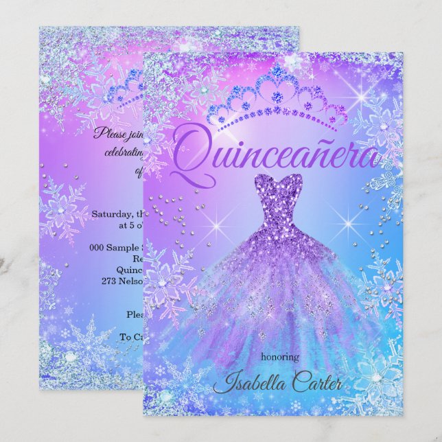 Quinceanera Purple Pink Blue Winter Wonderland 2 Invitation (Front/Back)
