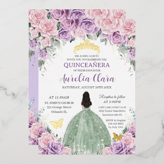 Quinceañera Purple Pink Floral Sage Green Dress (Front/Back)