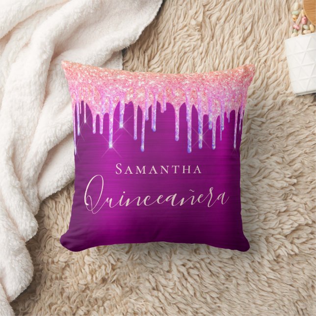 Quinceanera purple pink glitter drips name cushion (Blanket)