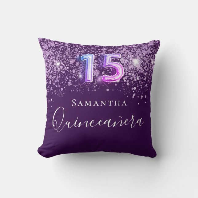 Quinceanera purple pink glitter dust monogram cushion (Front)