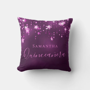 Quinceanera purple pink monogram name sparkle cushion