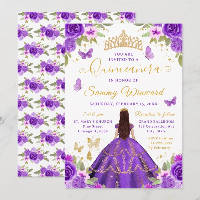 Quinceañera Purple Princess Brunette Girl Invitation (Front/Back)
