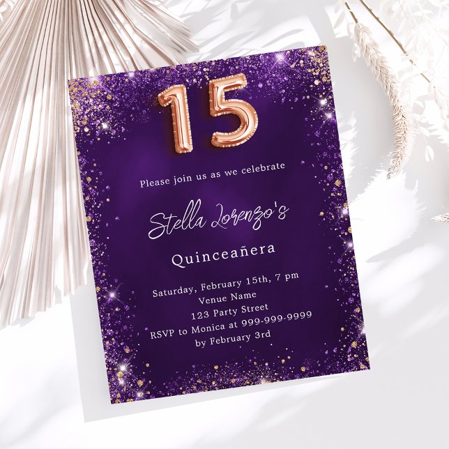 Quinceanera purple rose gold party invitation (Creator Uploaded)
