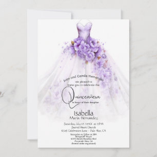 Quinceañera   Purple Roses Floral Gown Invitation