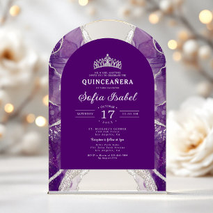 Quinceañera Purple Silver Agate Elegant Acrylic Invitations