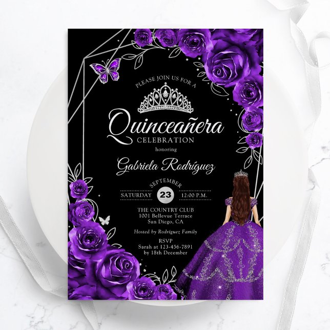 Quinceanera Purple Silver Butterfly Dress Floral Invitation (Creator Uploaded)
