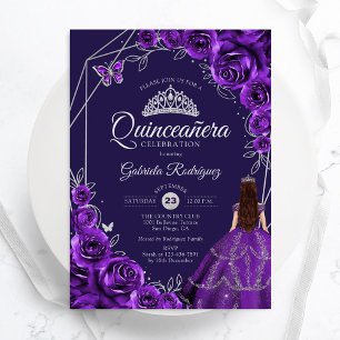 Quinceanera Purple Silver Dress Floral Invitation
