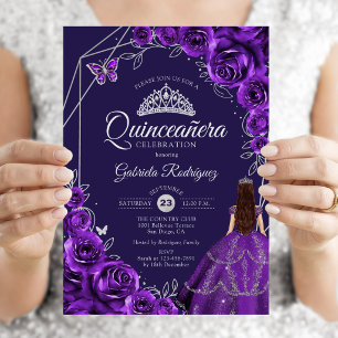 Quinceanera Purple Silver Dress Floral Invitation