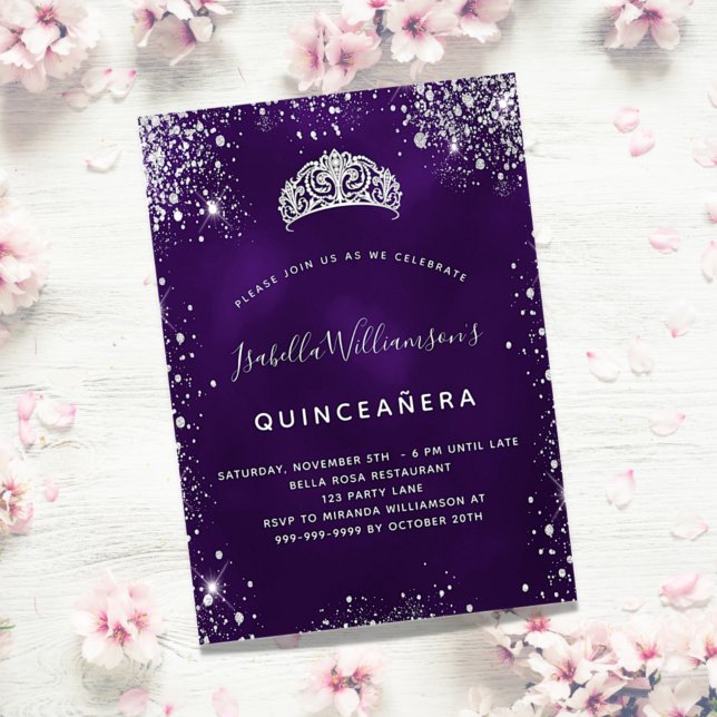 Quinceanera purple silver glitter tiara crown invitation postcard (Creator Uploaded)