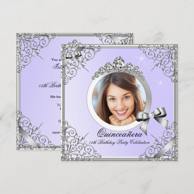 Quinceanera Purple Silver Photo 15 Birthday Party Invitation (Front/Back)