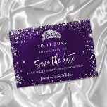 Quinceanera purple silver tiara save the date announcement postcard<br><div class="desc">A glamourous Save the Date card for a Quinceañera,  15th birthday party. A purple uneven coloured background. Decorated with faux silver glitter sparkles and a tiara. The text: Save the Date is written with a large trendy hand lettered style script.</div>
