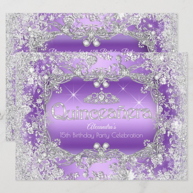 Quinceanera Purple Silver Tiara Winter Wonderland Invitation (Front/Back)