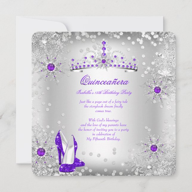 Quinceanera Purple Silver Winter Wonderland Invitation (Front)
