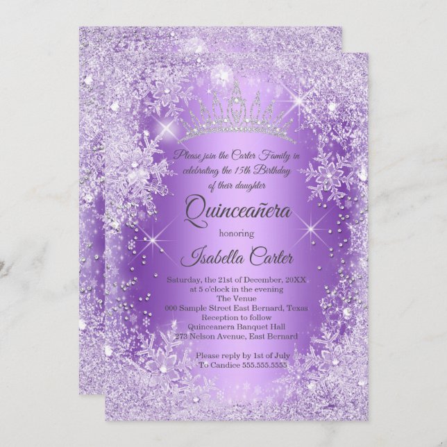Quinceanera Purple Snowflake Winter Wonderland Invitation (Front/Back)