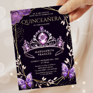 Quinceañera Purple Tiara Floral Butterfly Elegant  Invitation